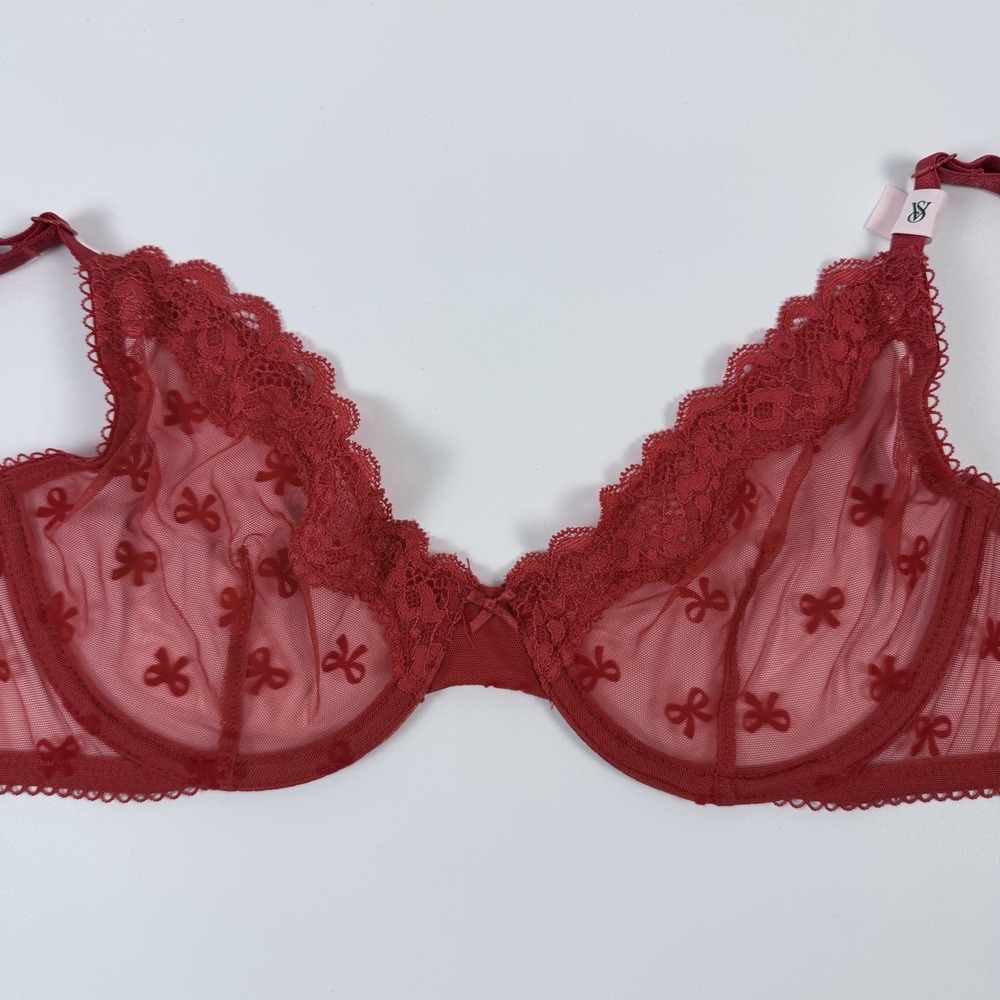 Victoria's Secret Tease Unlined Demi Bra Red Sheer Mesh Bow Applique 36B NWT